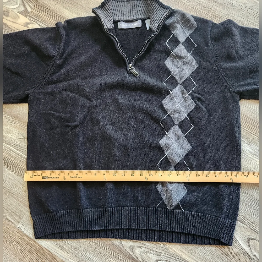 Oscar de la Renta 1/4 Zip Knit Sweater Diamond Stripe Knit Black Grey Mens XL